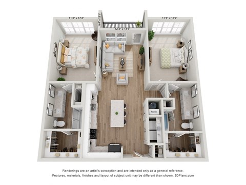 Floor plan for 2 beds, 2 baths, 1285 sqft